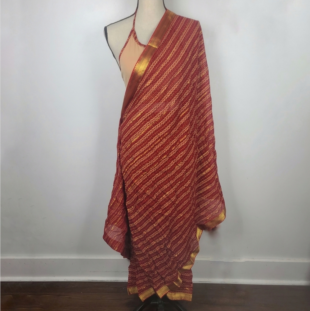 Red Sari Saree Skirt & Running Blouse Border Leheriya Print Regular Wear S - Picture 2 of 16